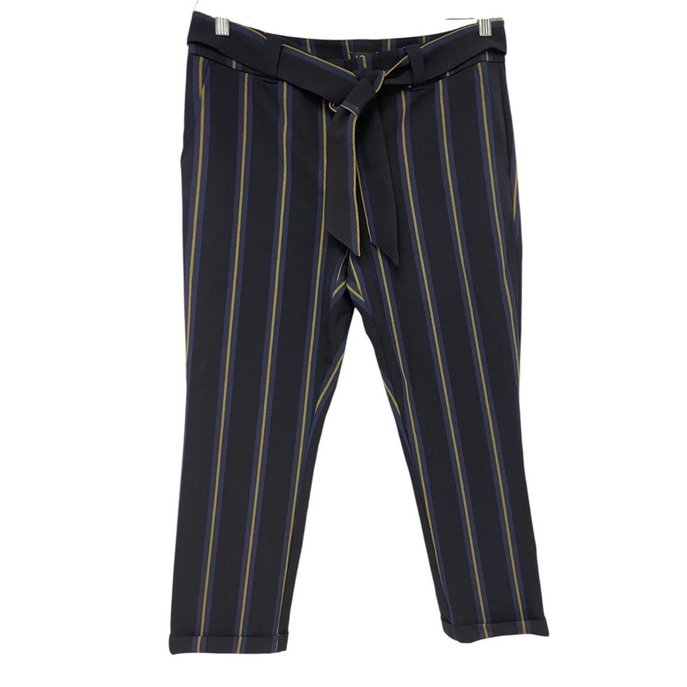 Loft Cropped Pants 10P Navy Blue High Rise Striped Belted Twill Cuffed NWT